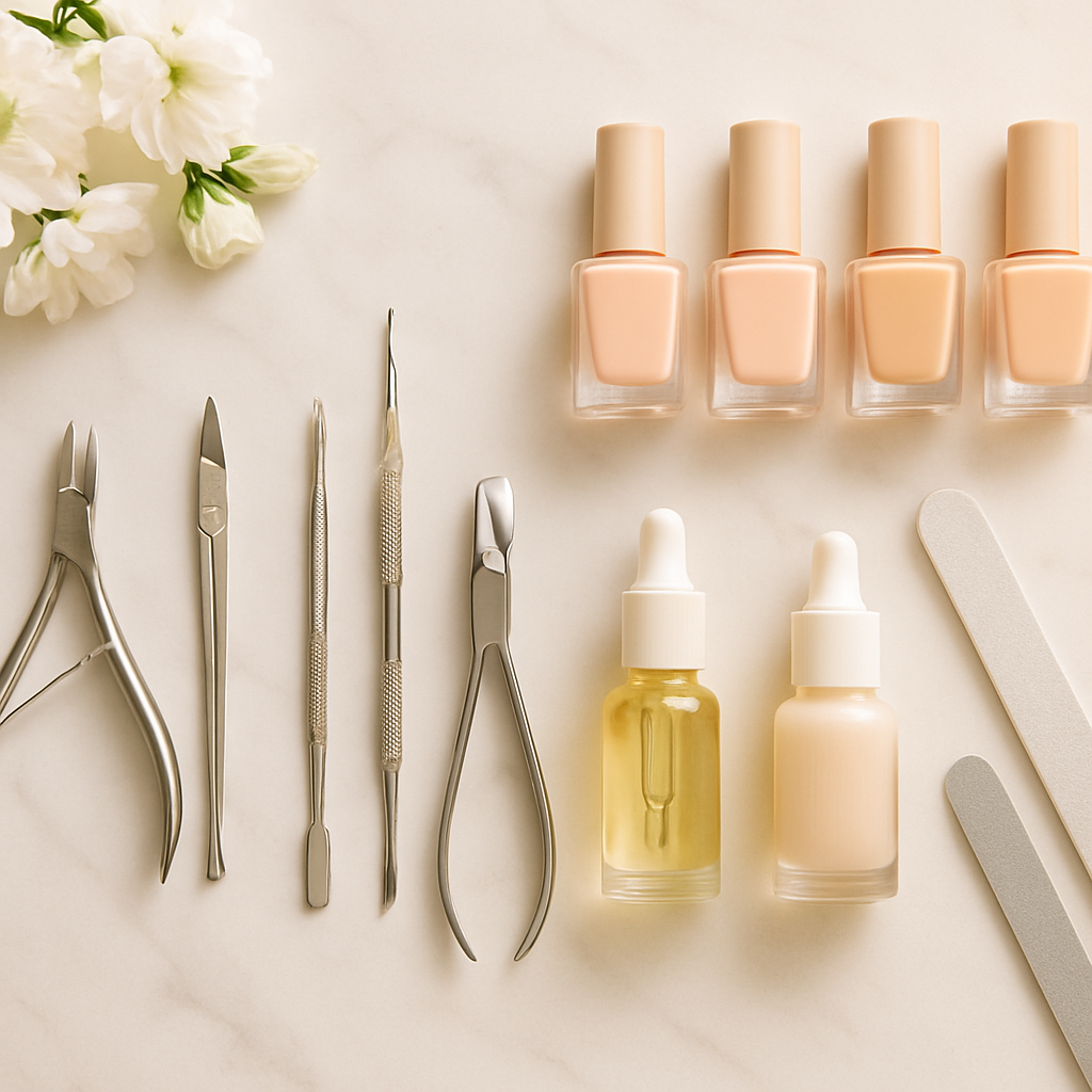 Elegant nail care tools and polish bottles on a marble surface