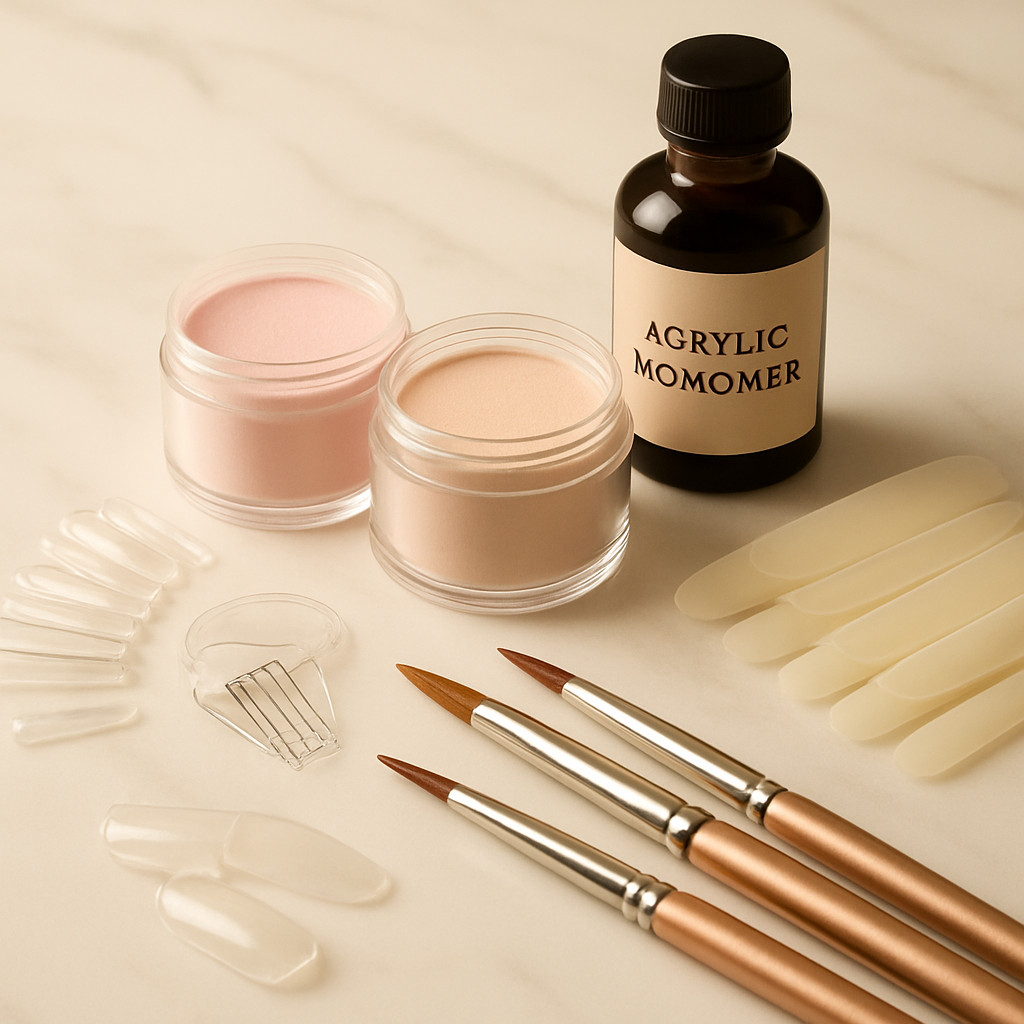 Acrylic nail extension supplies including brushes and powders on marble counter
