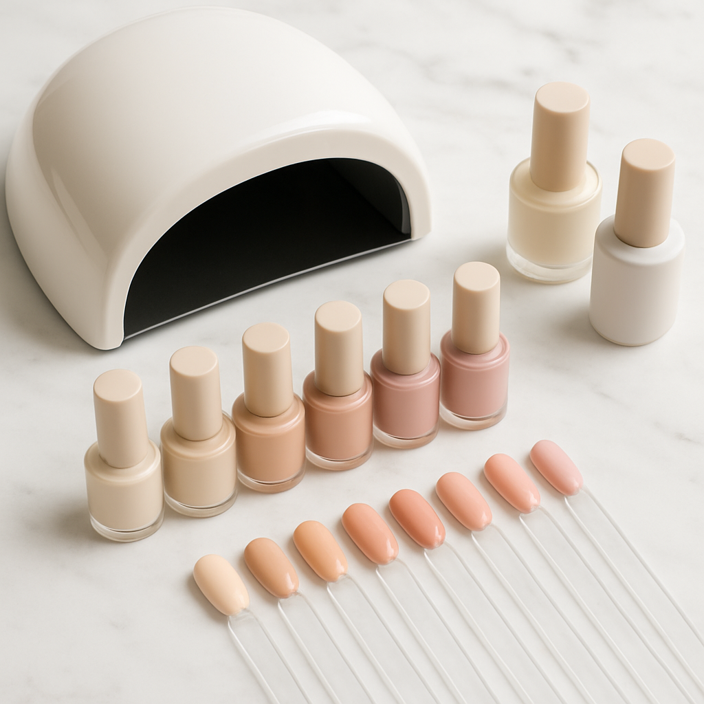 UV gel nail polish bottles and lamp arranged on white marble surface