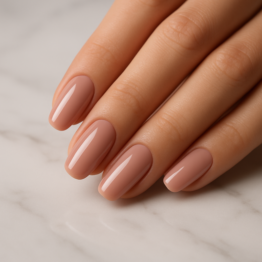 Elegantly manicured nails with glossy nude pink polish on marble surface