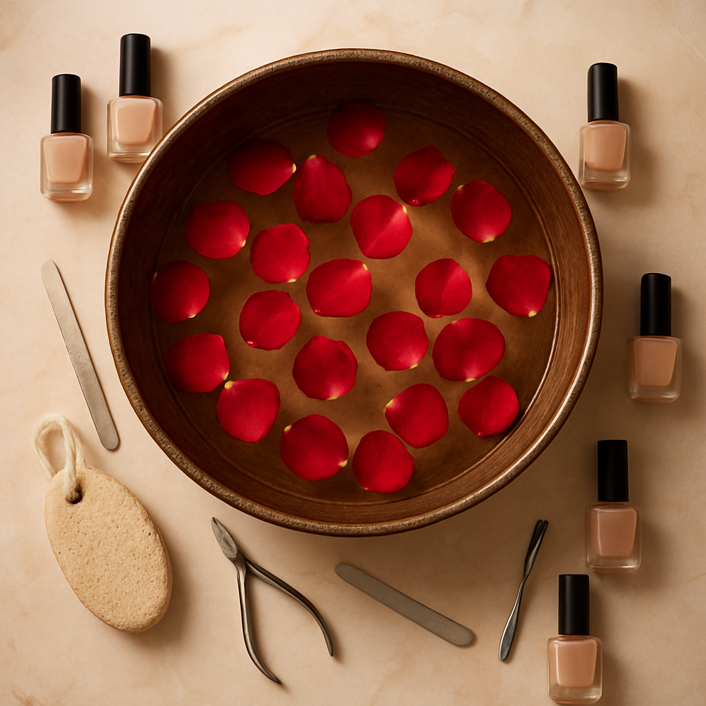 Pedicure spa bowl with rose petals and nail tools on marble surface